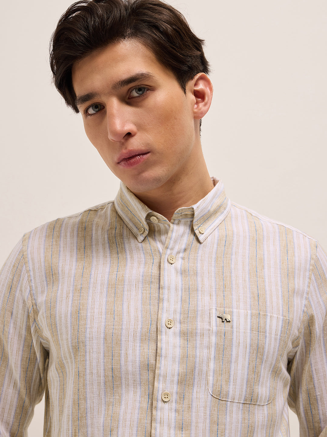 Beige with White Vertical Stripes Slim Fit Casual Shirt