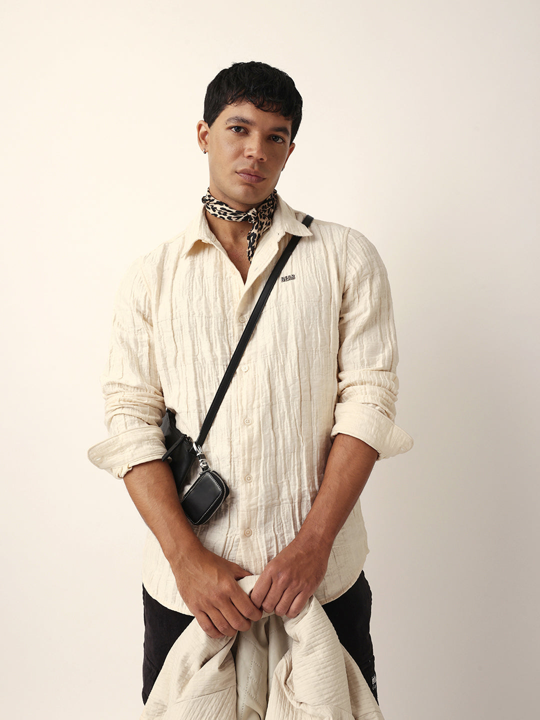 Cream Textured Woven Self-Design Slim Fit Casual Shirt