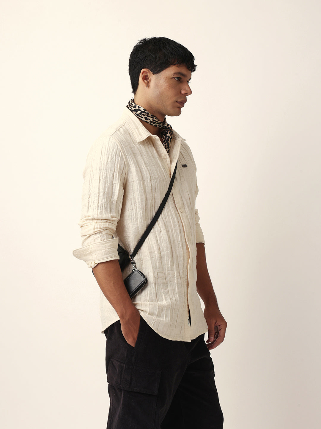 Cream Textured Woven Self-Design Slim Fit Casual Shirt