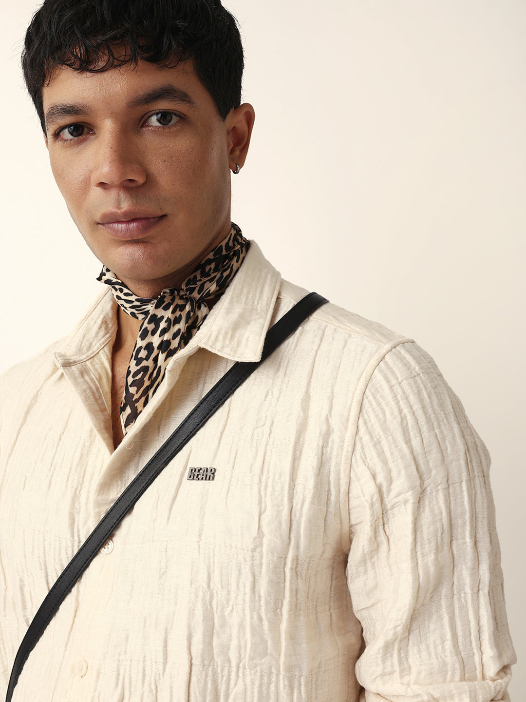 Cream Textured Woven Self-Design Slim Fit Casual Shirt