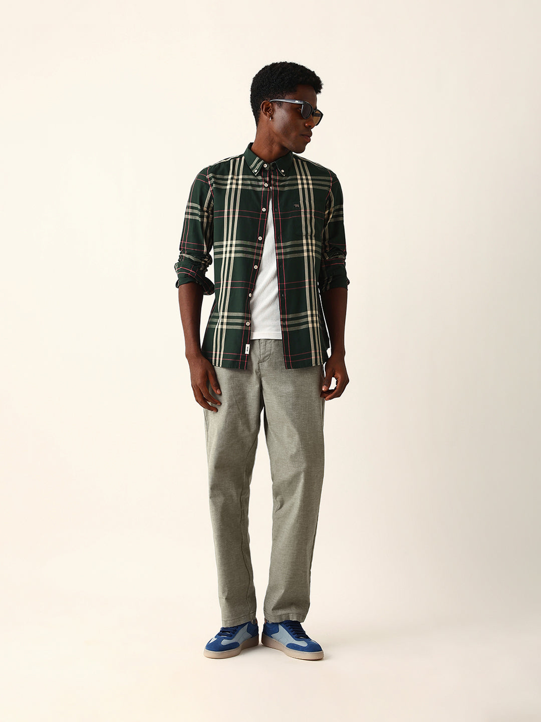 Dark Green Windowpane Checked Slim Fit Woven Casual Shirt