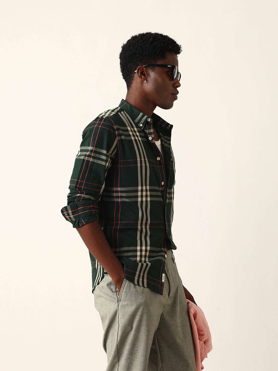 Dark Green Windowpane Checked Slim Fit Woven Casual Shirt