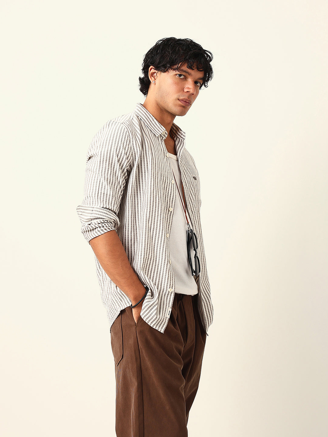 Grey & White Vertical Woven Pinstriped Slim Fit Casual Shirt
