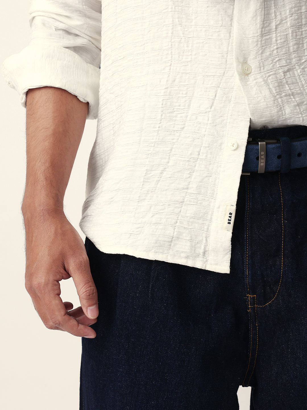 White Crinkle Textured Slim Fit Casual Shirt