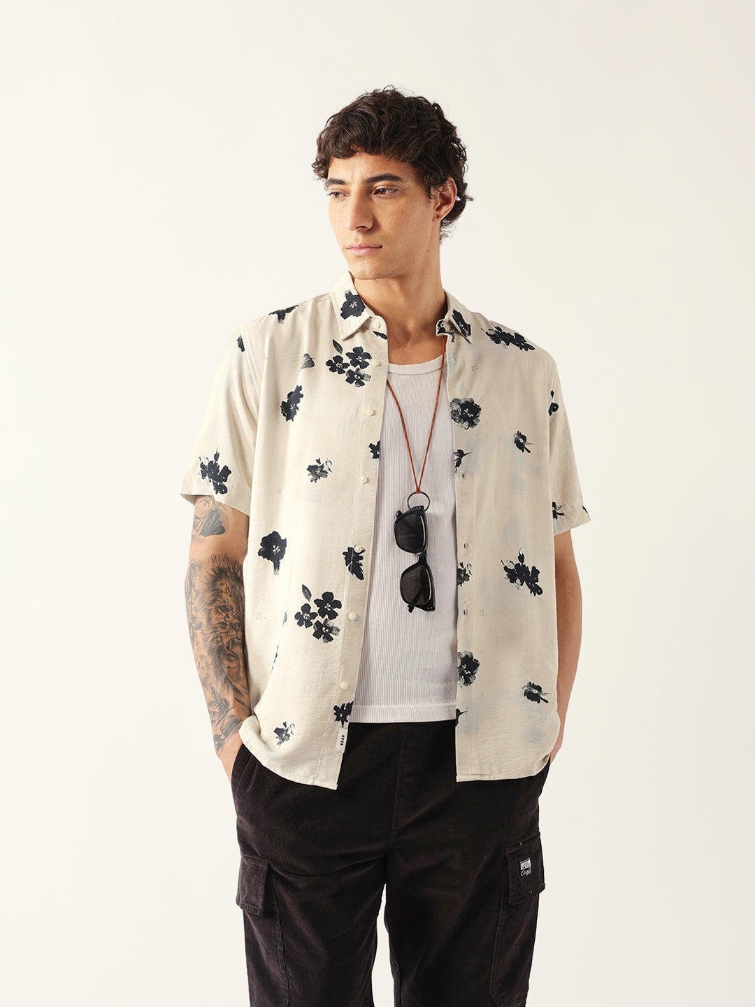 Cream Abstract Botanical Floral Print Regular Fit Casual Shirt