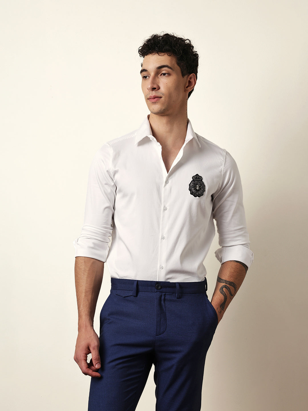 White Tailored Fit Regal Crest Embroidery Formal Party Shirt