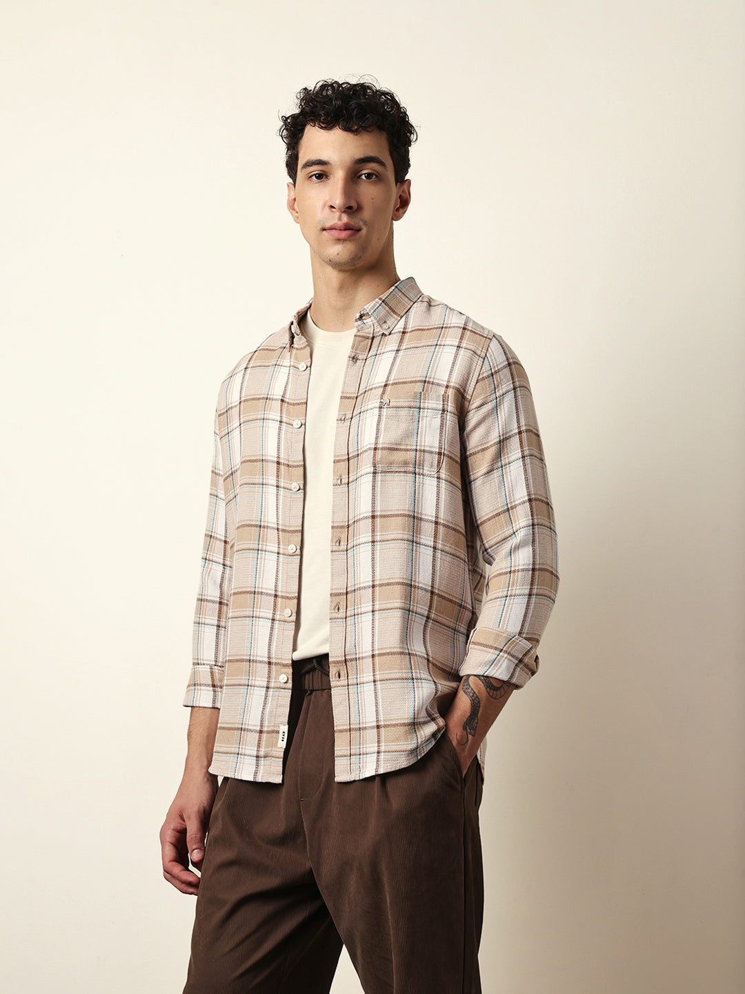Beige Textured Woven Check Slim Fit Casual Shirt
