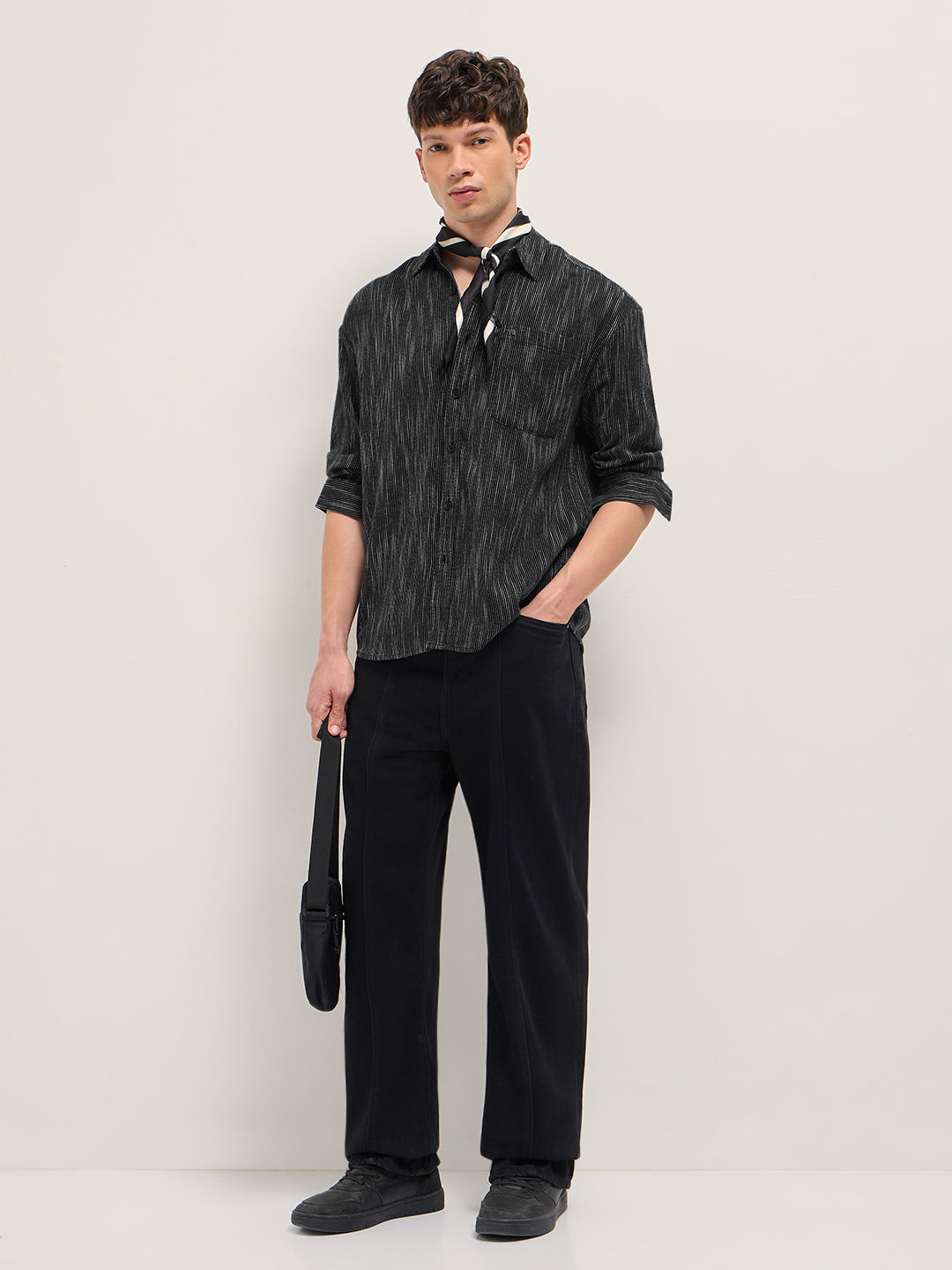 Black Woven Pinstripe Relaxed Fit Overshirt