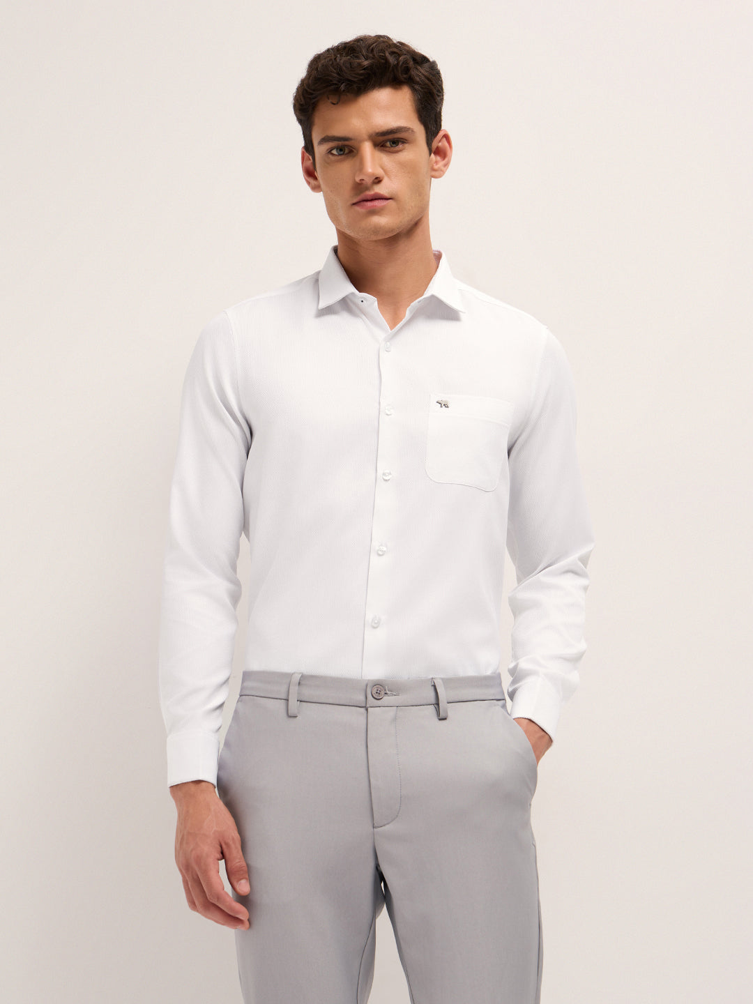 White Woven Textured Tailored Fit Formal Shirt with French Cuffs