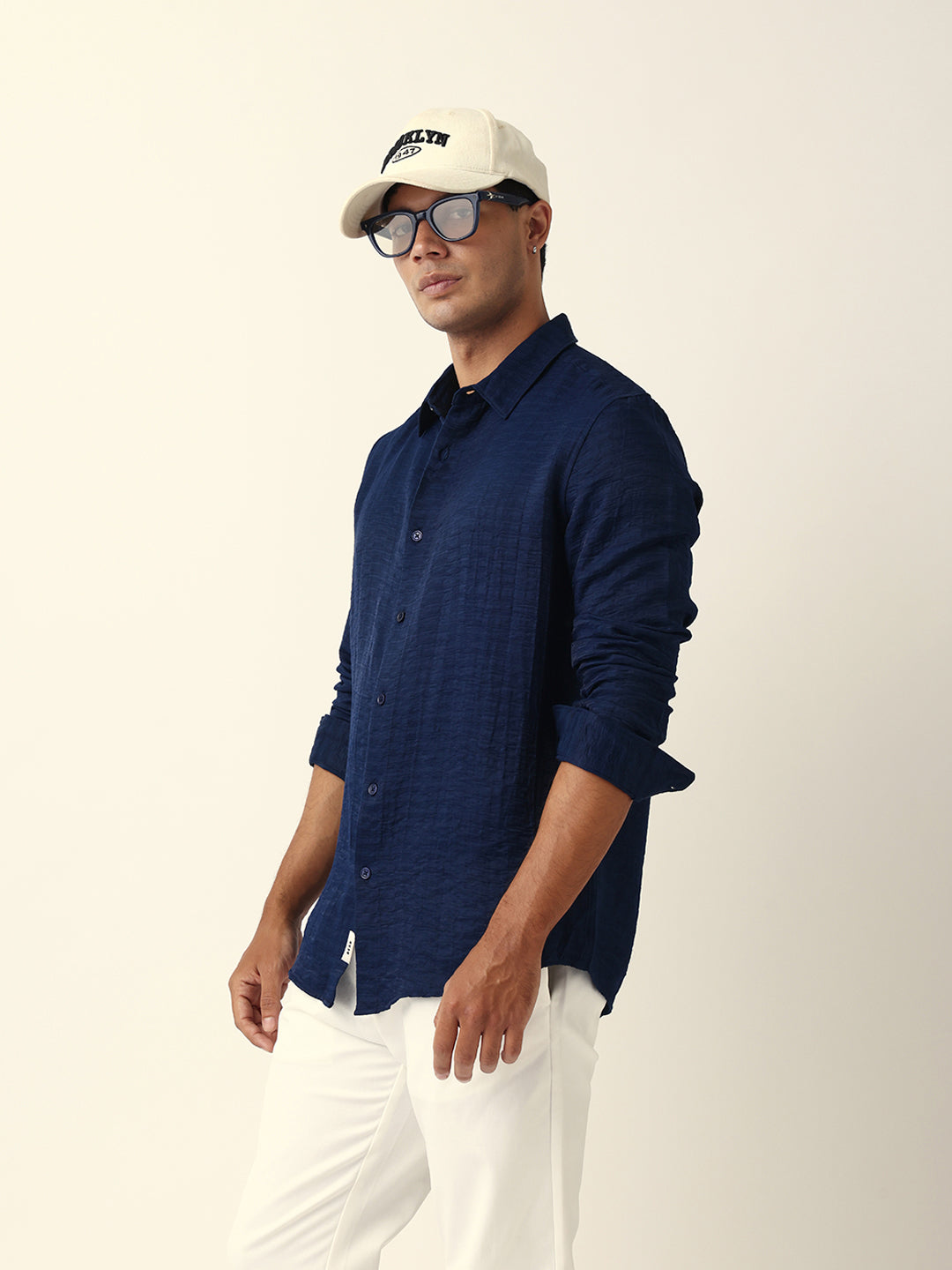 Blue Crinkle Textured Slim Fit Casual Shirt