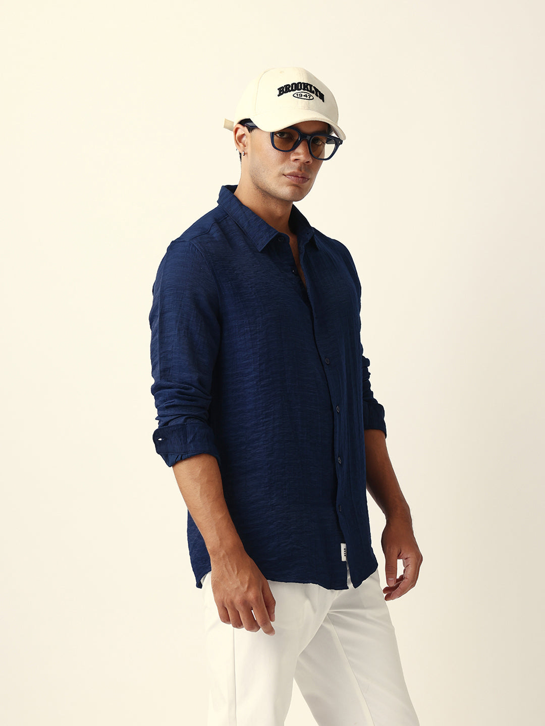 Blue Crinkle Textured Slim Fit Casual Shirt