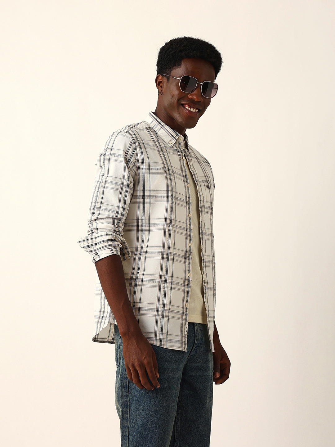 Cream Woven Tartan Checked Slim Fit Casual Shirt