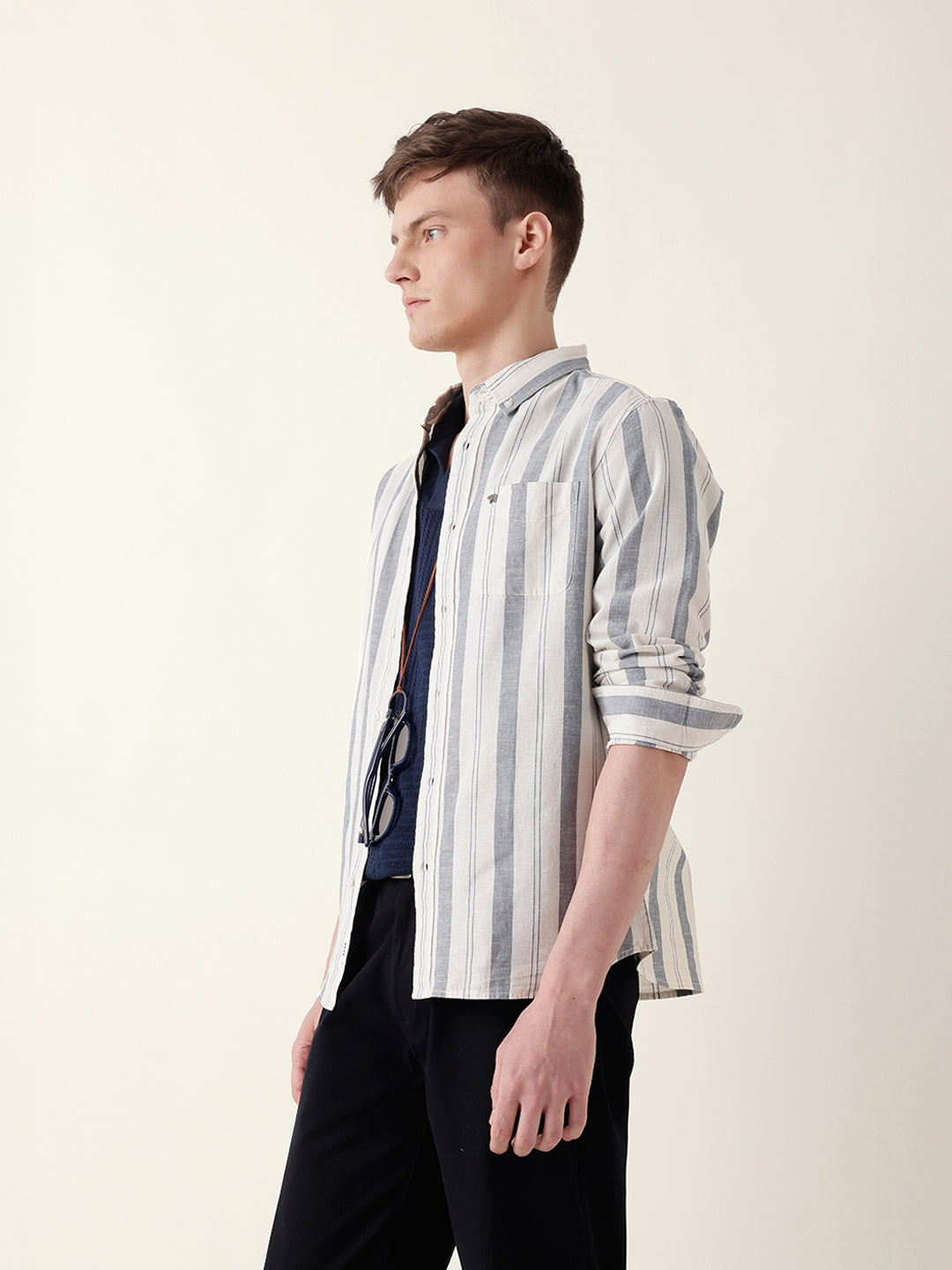 Blue with White Woven Vertical Stripes Slim Fit Casual Shirt