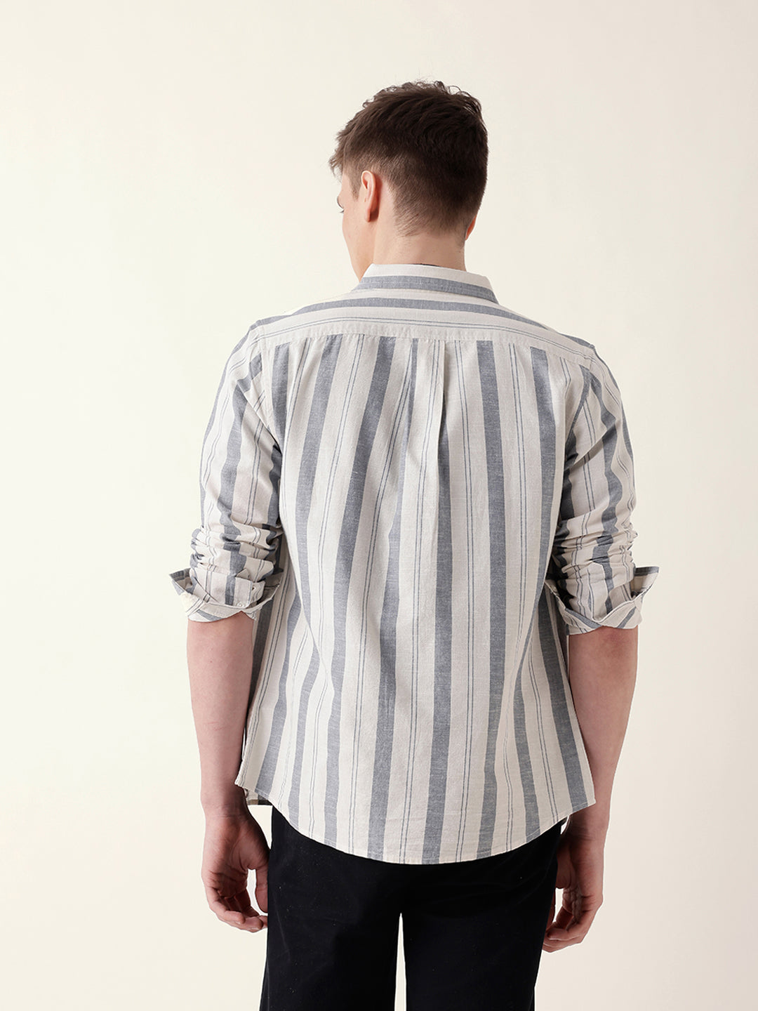 Blue with White Woven Vertical Stripes Slim Fit Casual Shirt