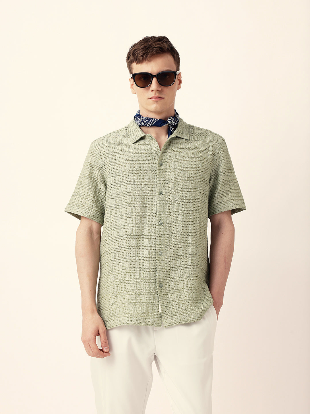 Light Green Textured Geometric Relaxed Fit Casual Half Sleeve Shirt