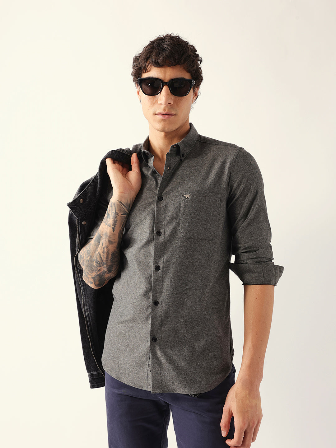 Grey Slim Fit Solid Cotton Blend Casual Shirt