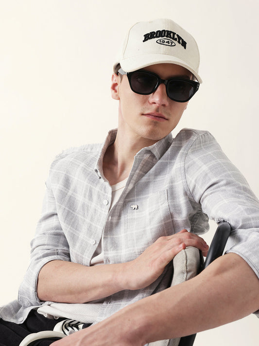 Grey Herringbone Checked Slim Fit Casual Shirt