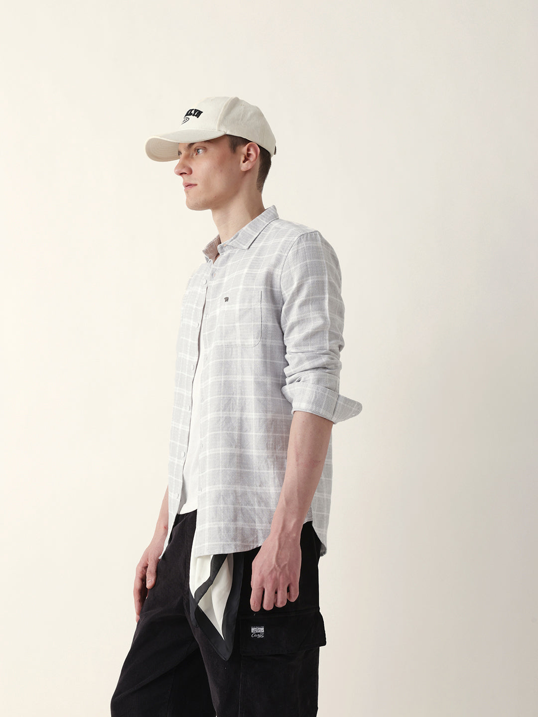 Grey Herringbone Checked Slim Fit Casual Shirt
