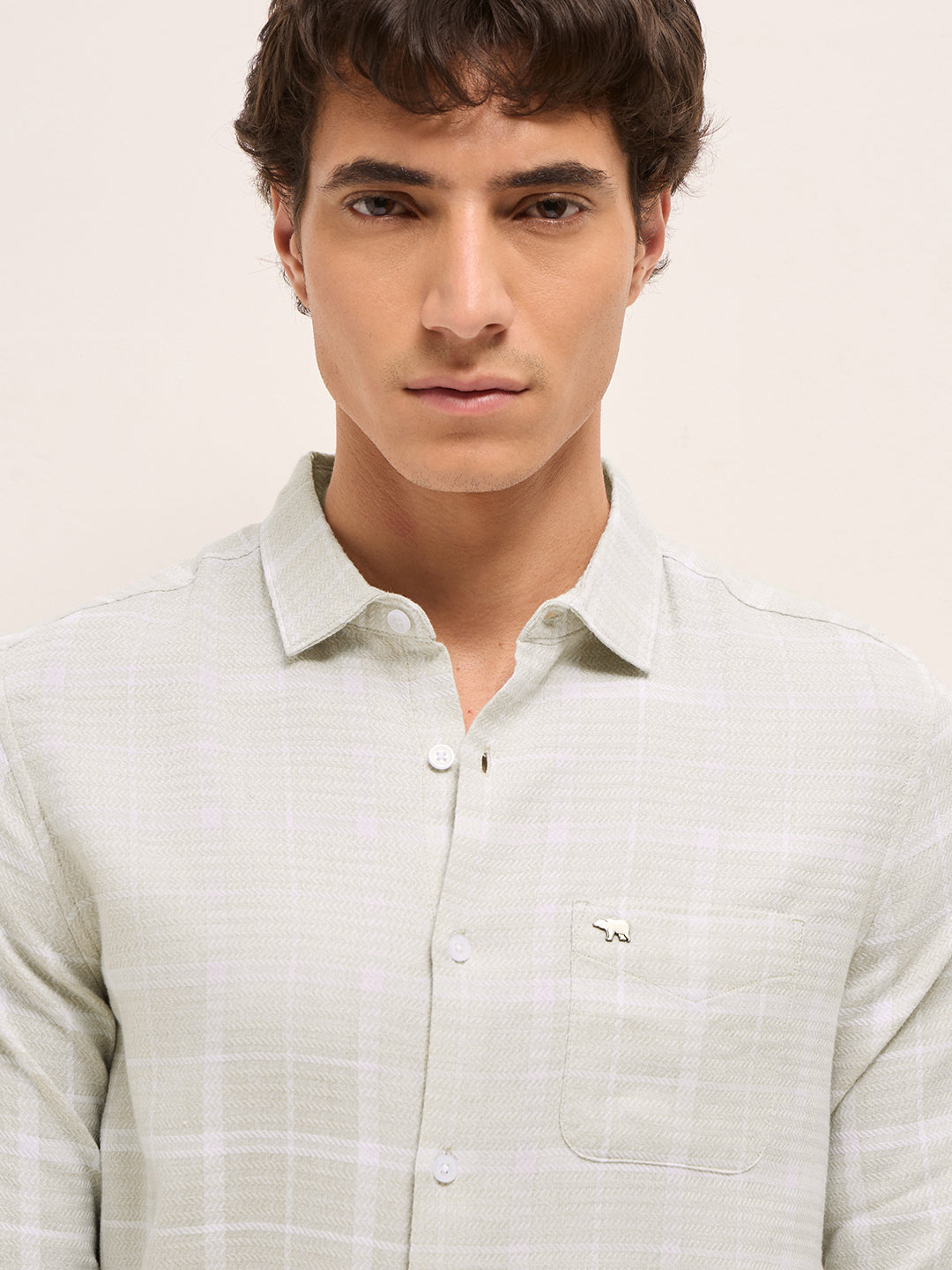 Cream Herringbone Check Slim Fit Casual Shirt