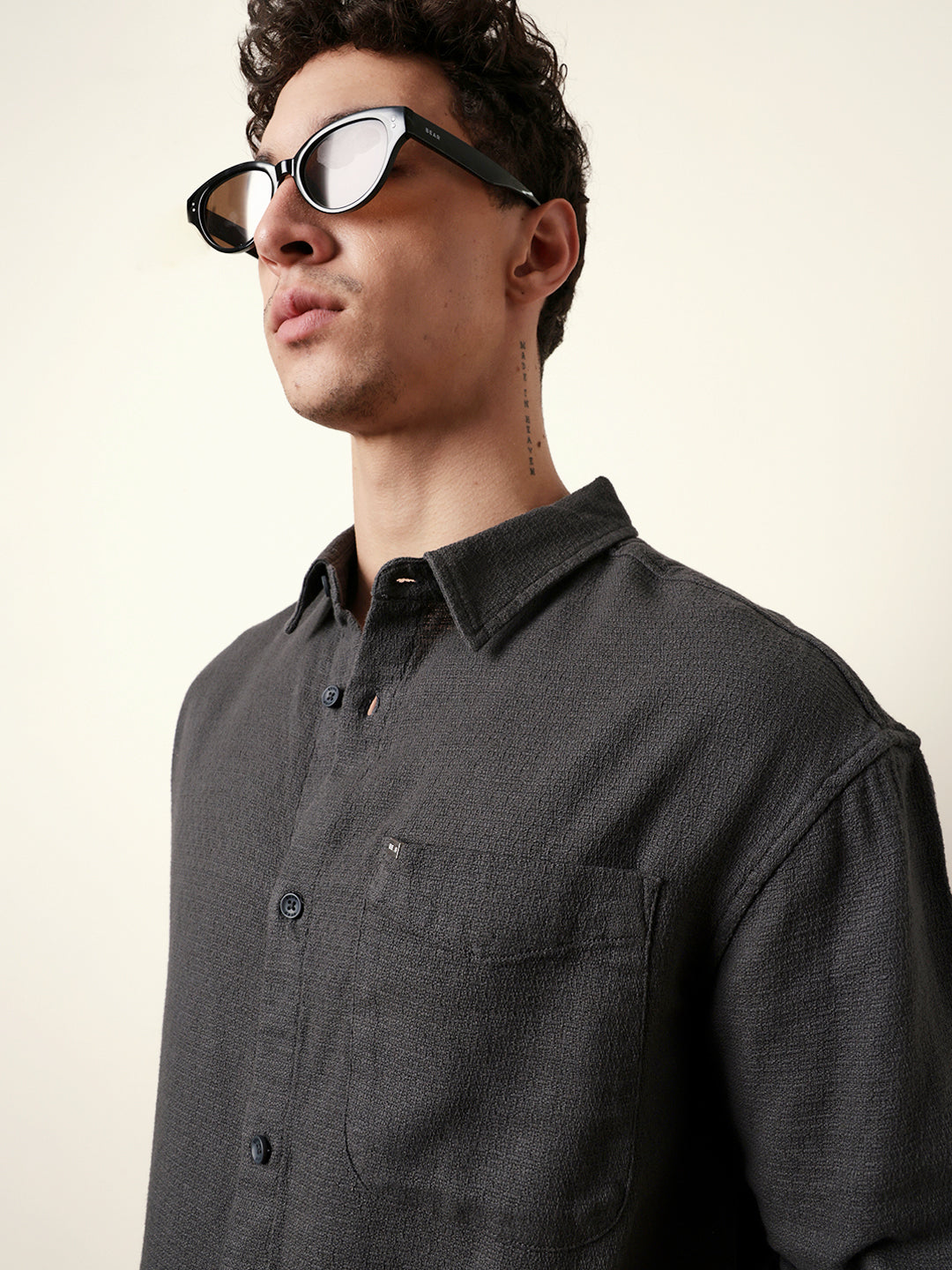 Grey Textured Crepe Relaxed Fit Overshirt