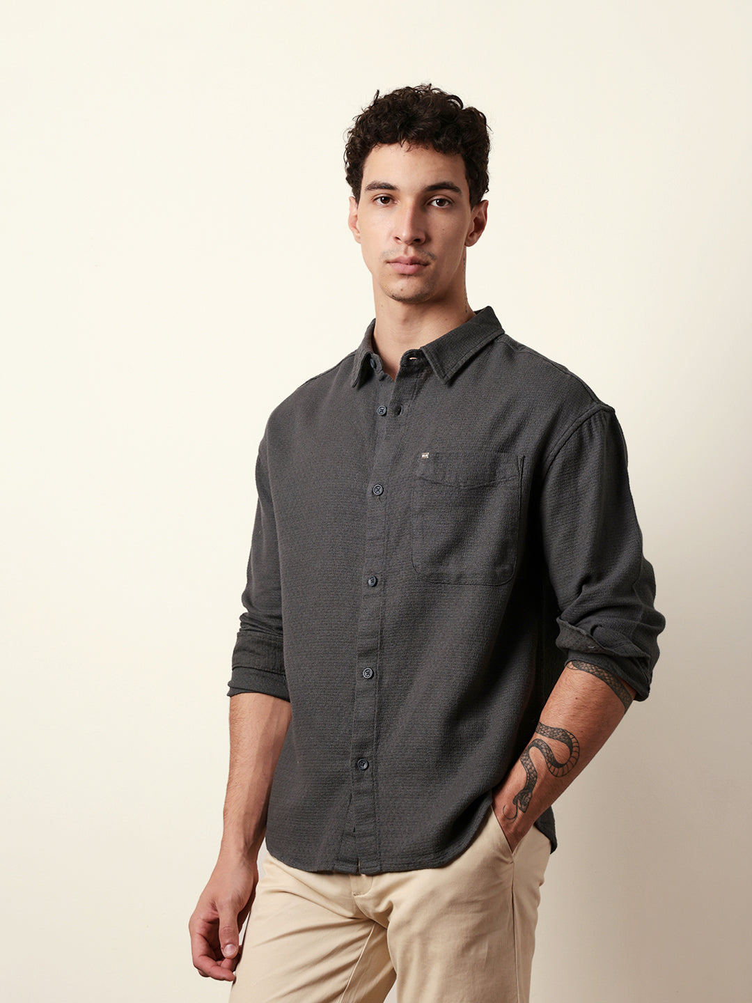 Grey Textured Crepe Relaxed Fit Overshirt