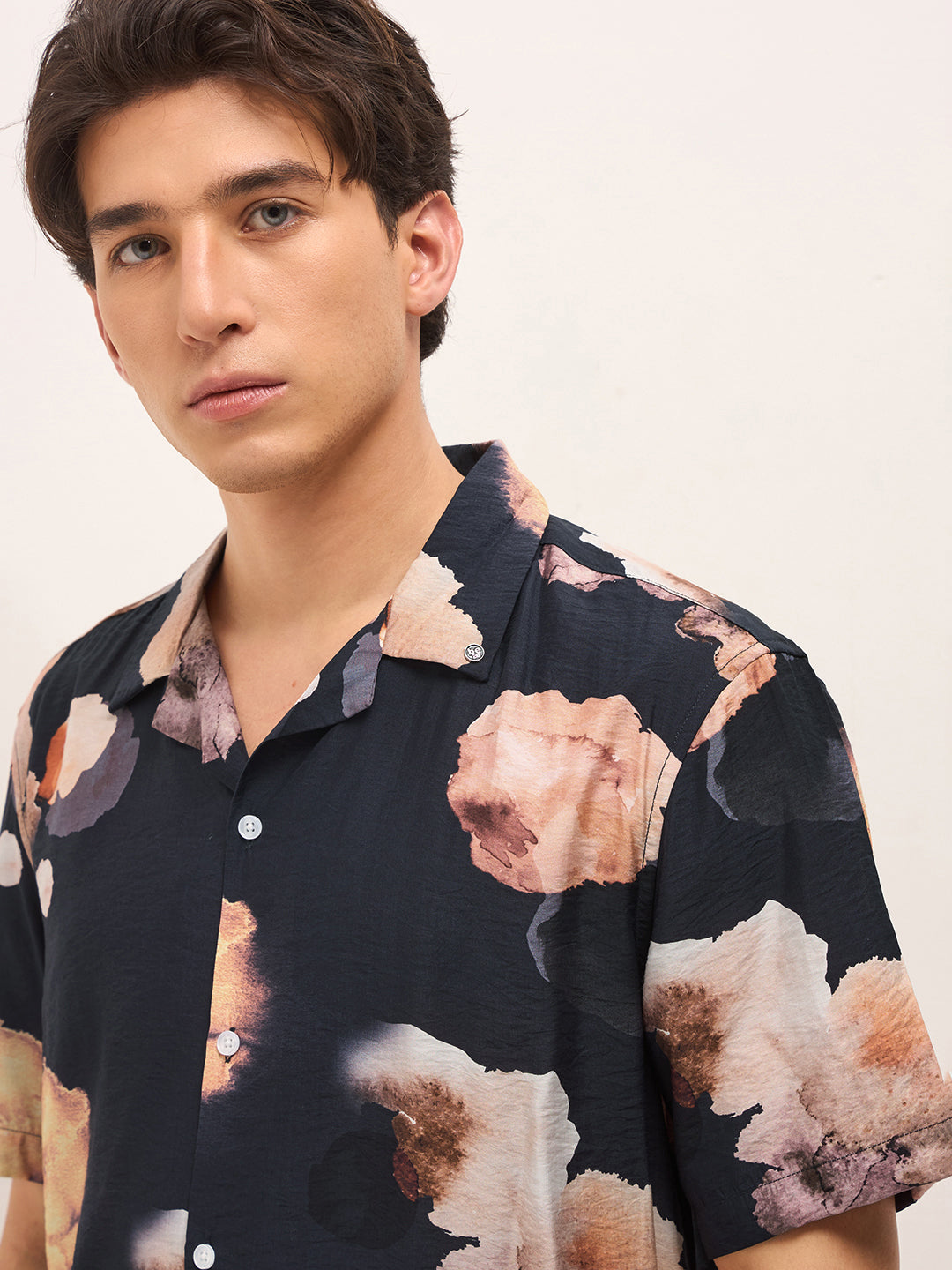 Black Abstract Floral Print Relaxed Fit Cuban Collar Casual Shirt
