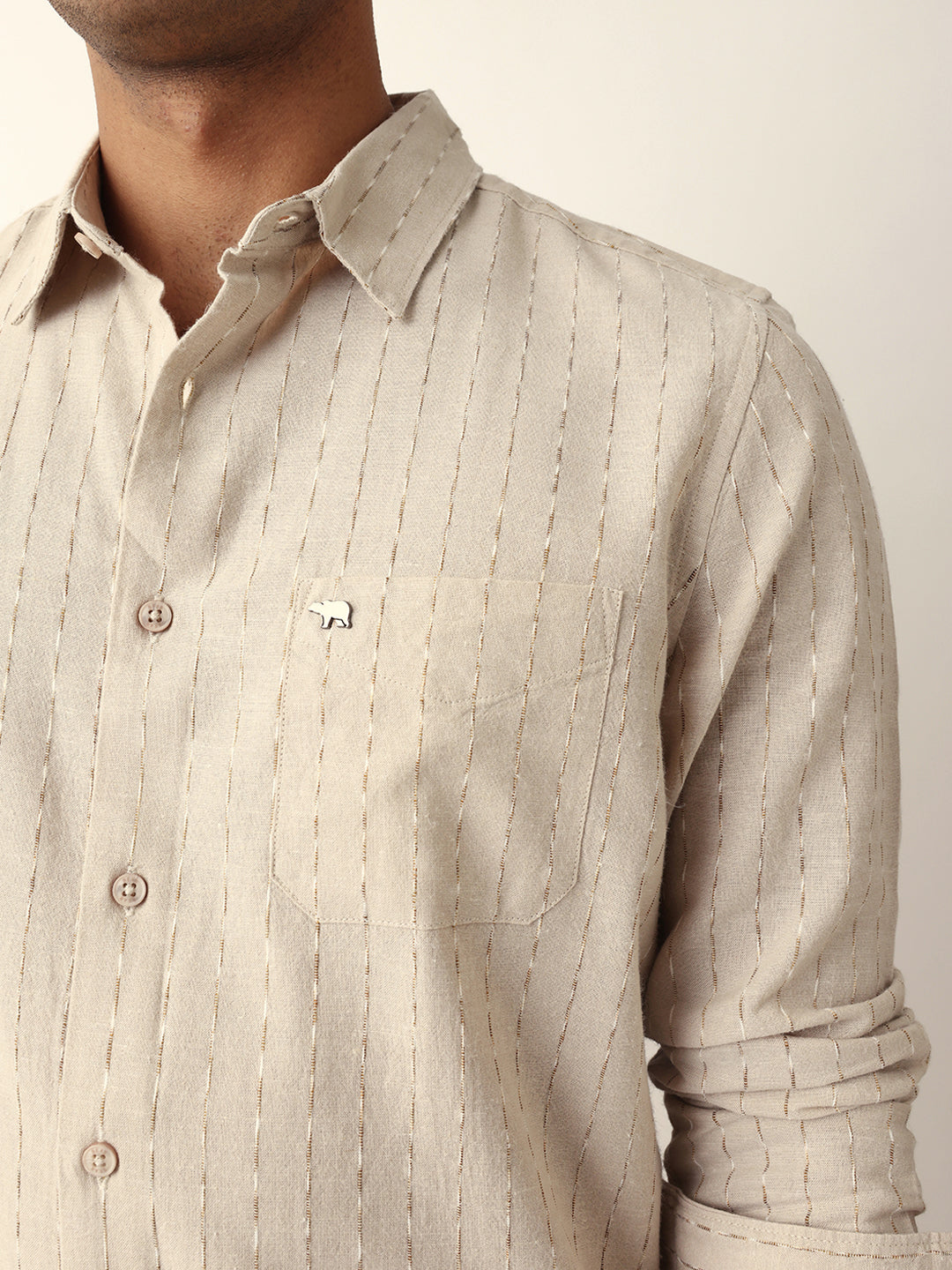 Beige Vertical Striped Slim Fit Casual Shirt with Textured Stitch Detailing