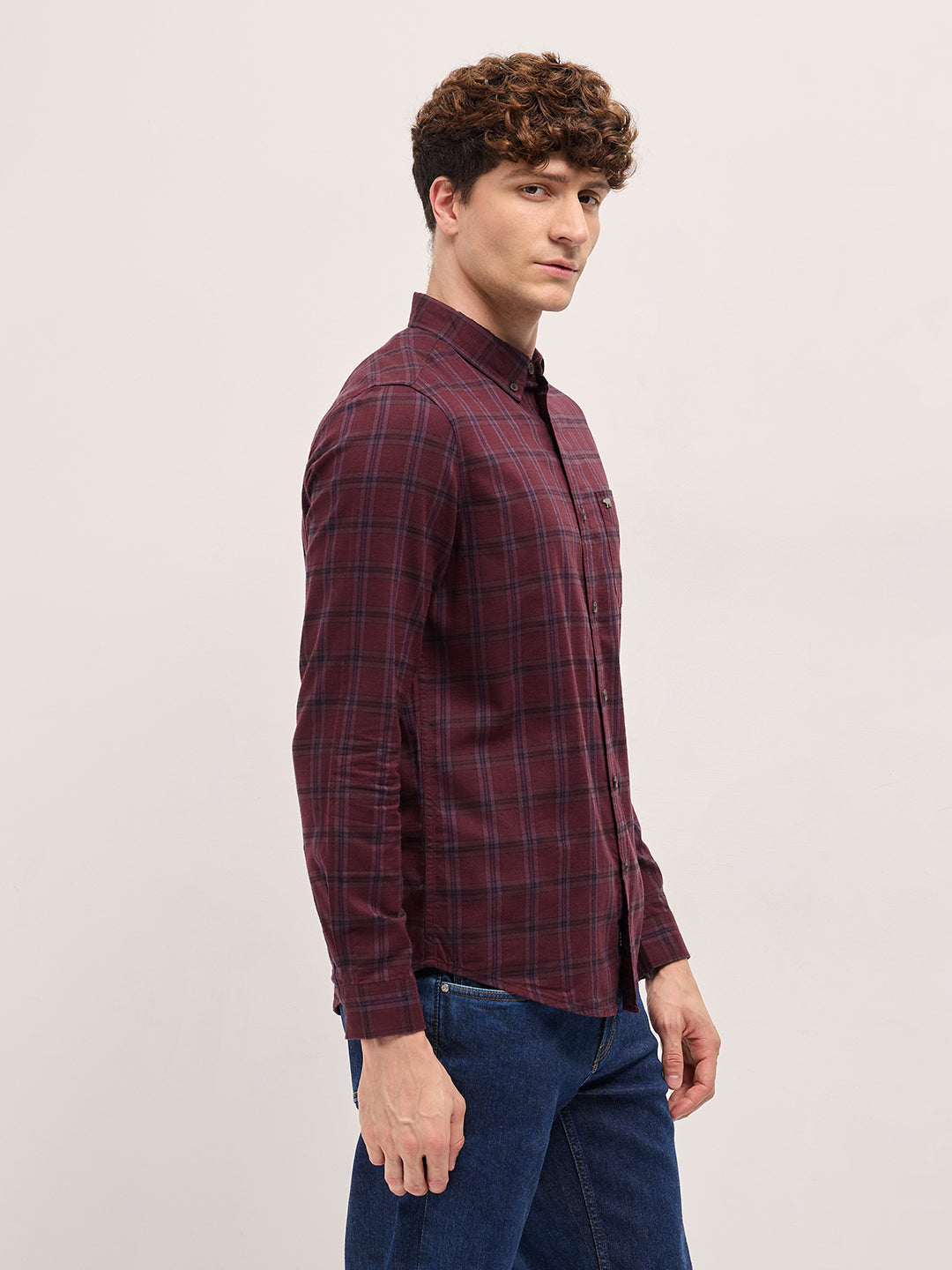 Maroon Checked Slim Fit Casual Shirt