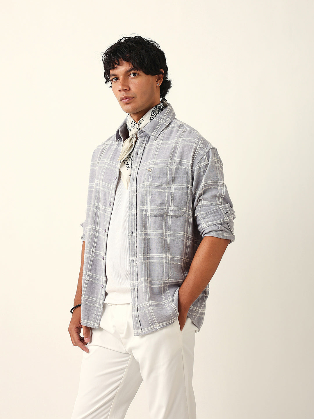 Light Blue Woven Textured Checked Relax Fit Overshirt