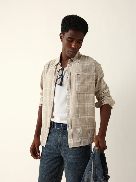 Cream Woven Textured Checked Relax Fit Overshirt