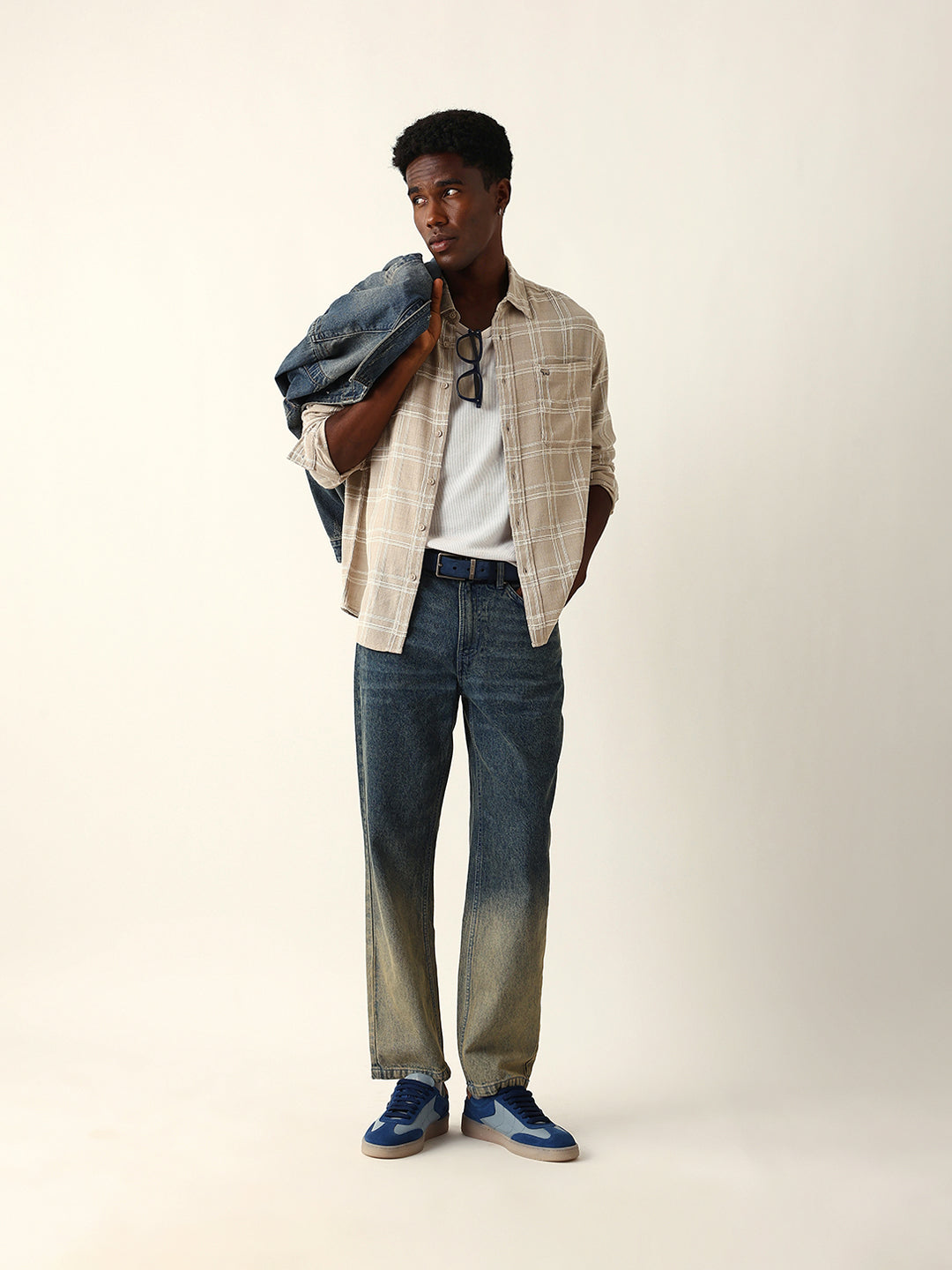 Cream Woven Textured Checked Relax Fit Overshirt