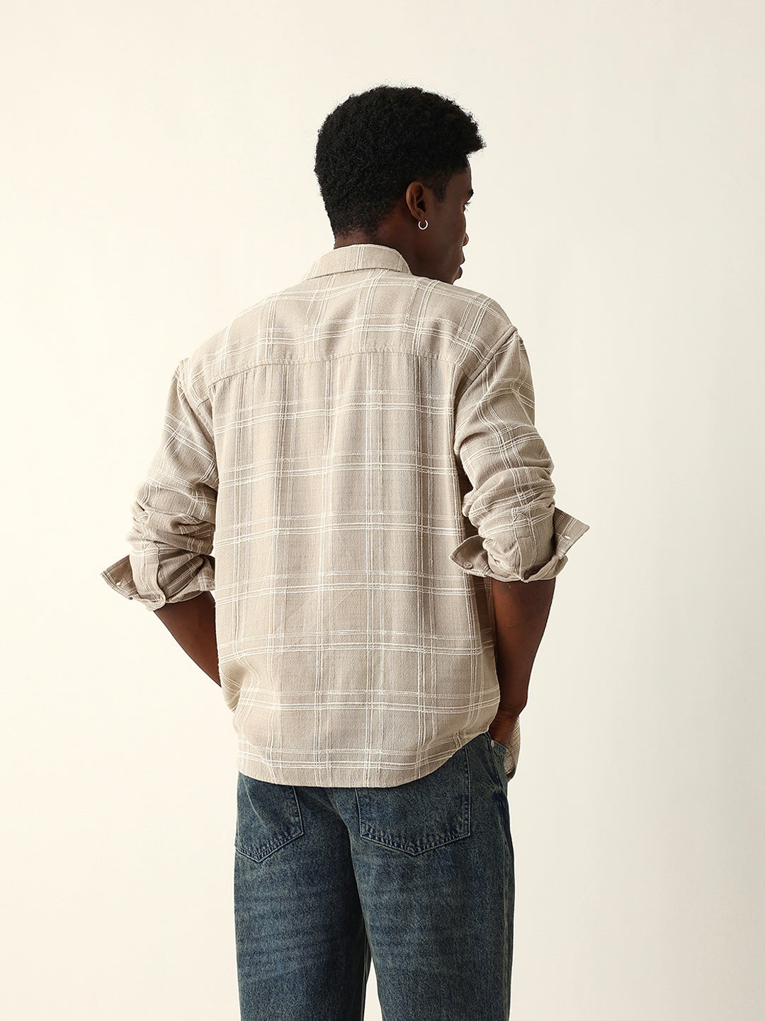 Cream Woven Textured Checked Relax Fit Overshirt