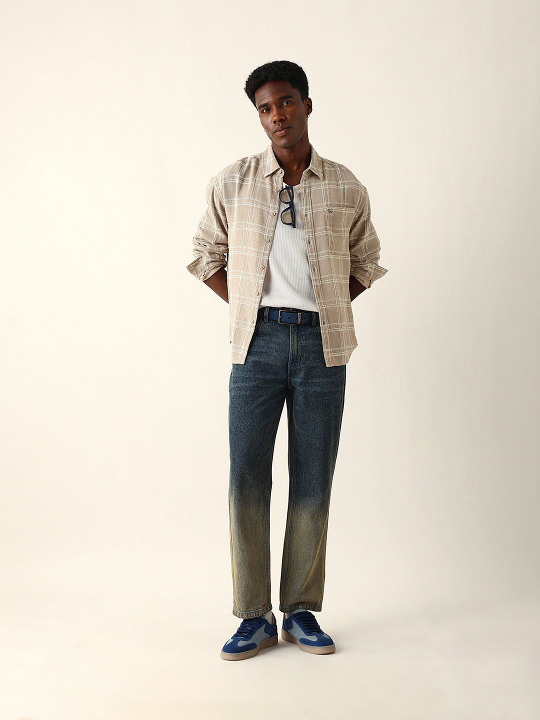 Cream Woven Textured Checked Relax Fit Overshirt