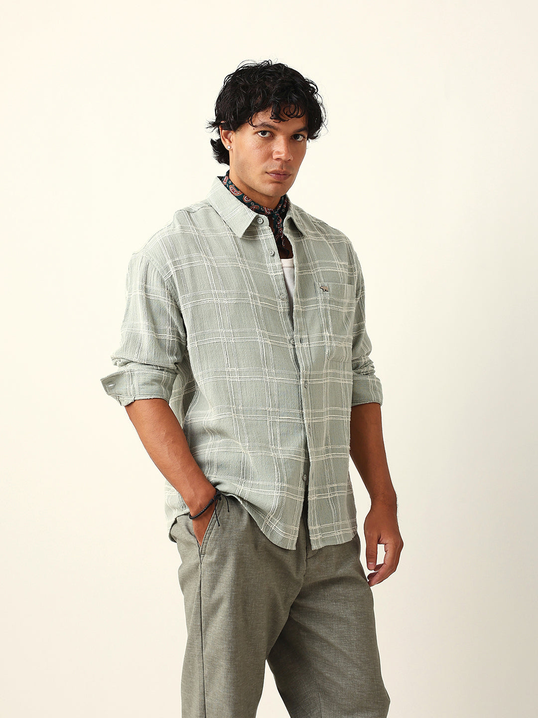 Sage Green Woven Textured Checked Relaxed Fit Overshirt
