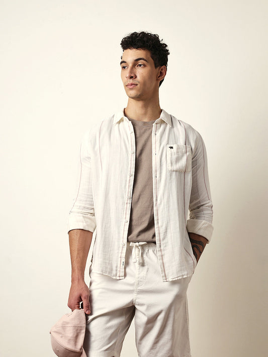 White Vertical Woven Stripe Slim Fit Casual Shirt