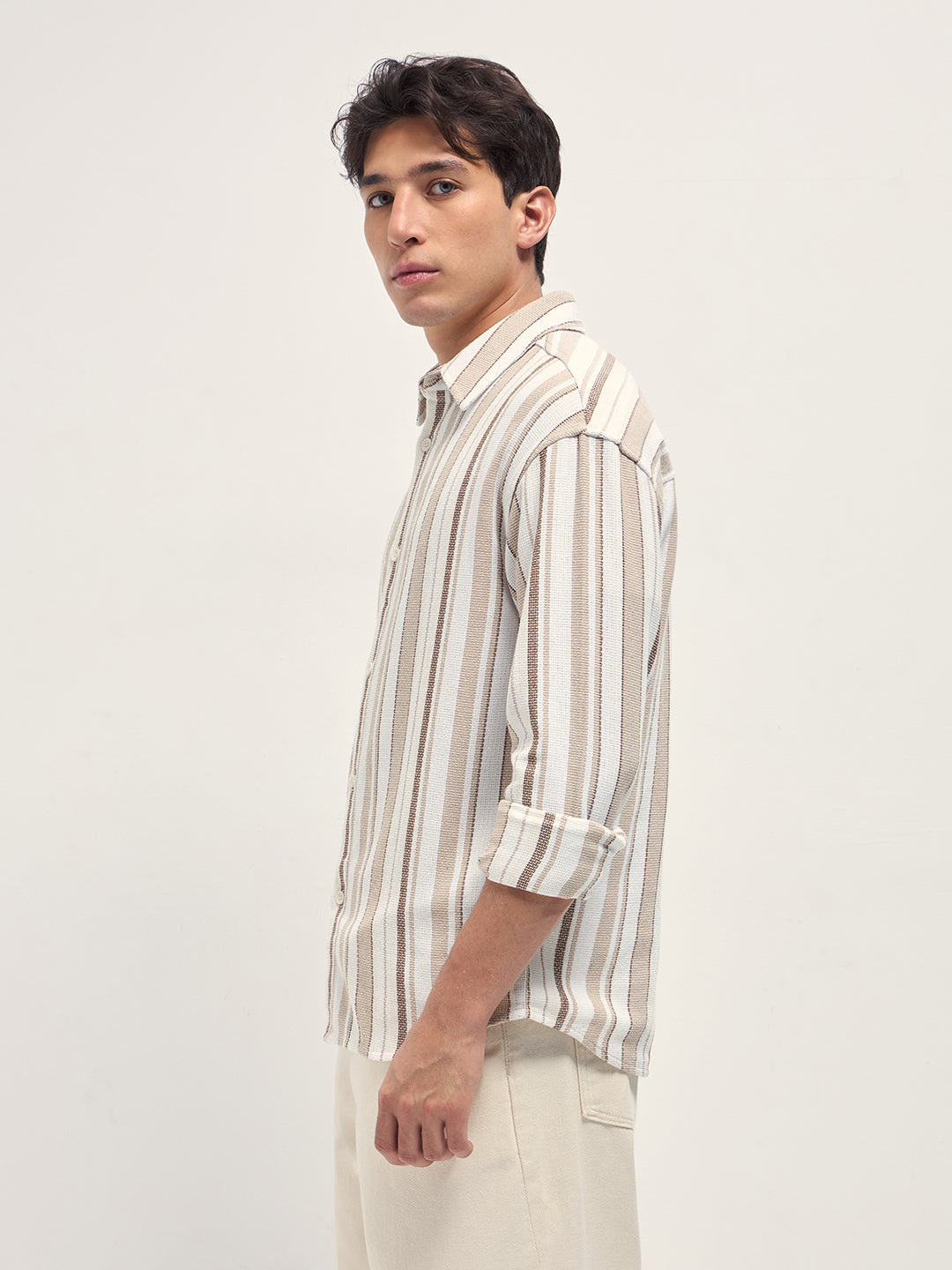 White and Beige Woven Vertical Stripe Relaxed Fit Overshirt