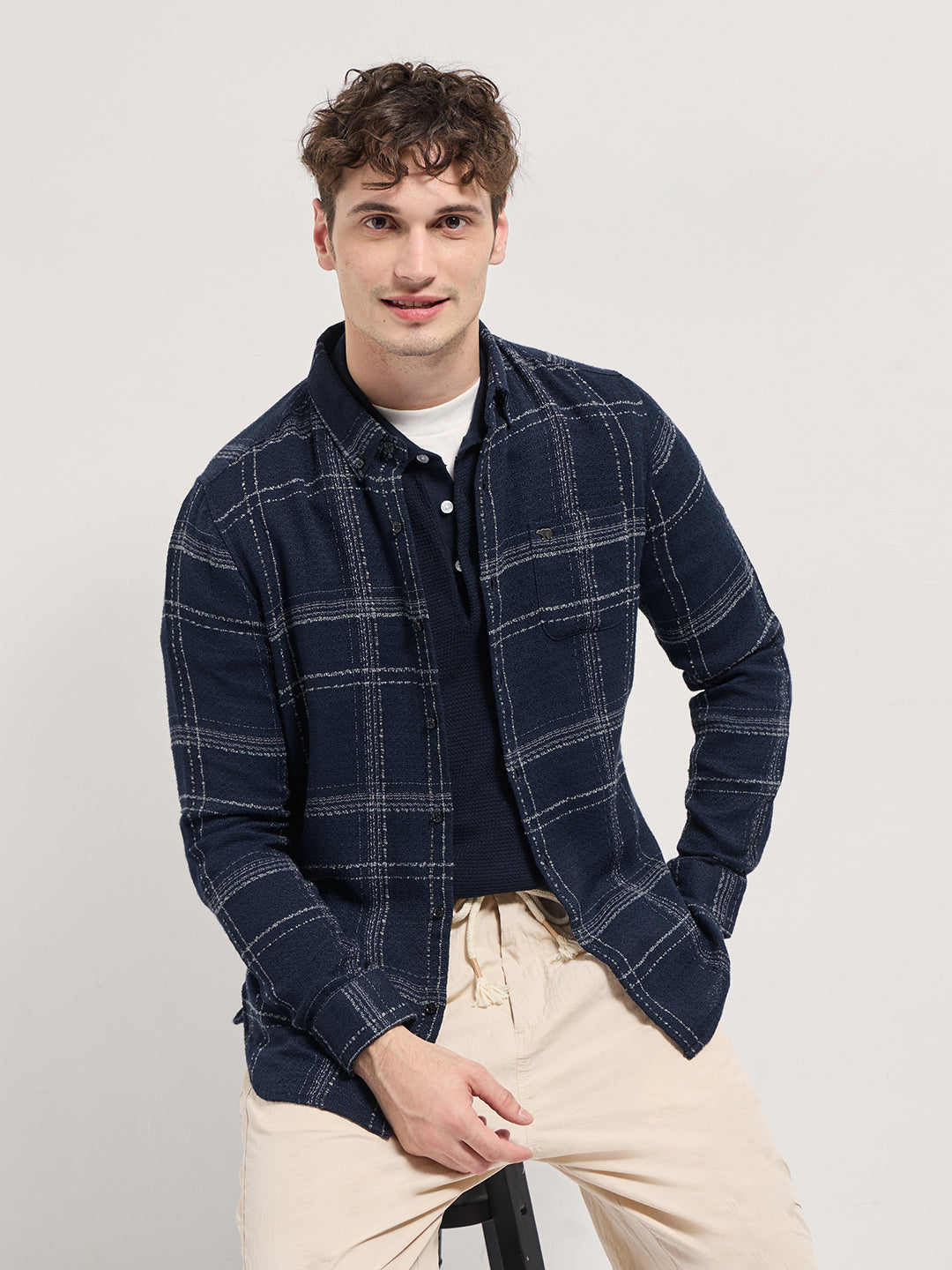 Dark Blue Checked Slim Fit Casual Flannel Shirt