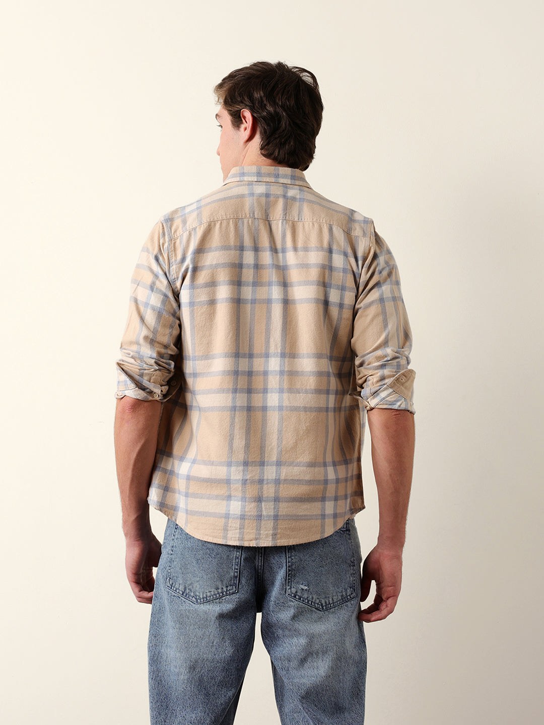 Beige & Blue Regular Fit Checked Flannel Casual Shirt