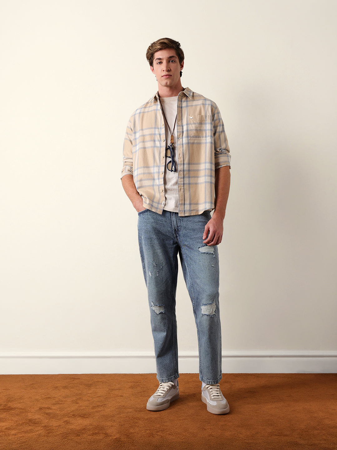 Beige & Blue Regular Fit Checked Flannel Casual Shirt