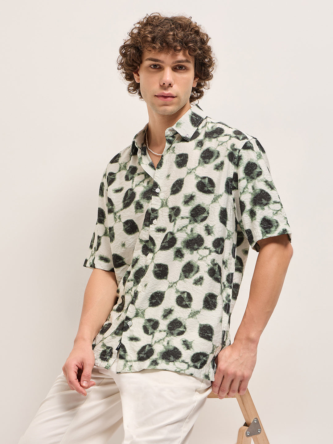 Cream with Dark Green Foliage Print Relax Fit Casual Shirt
