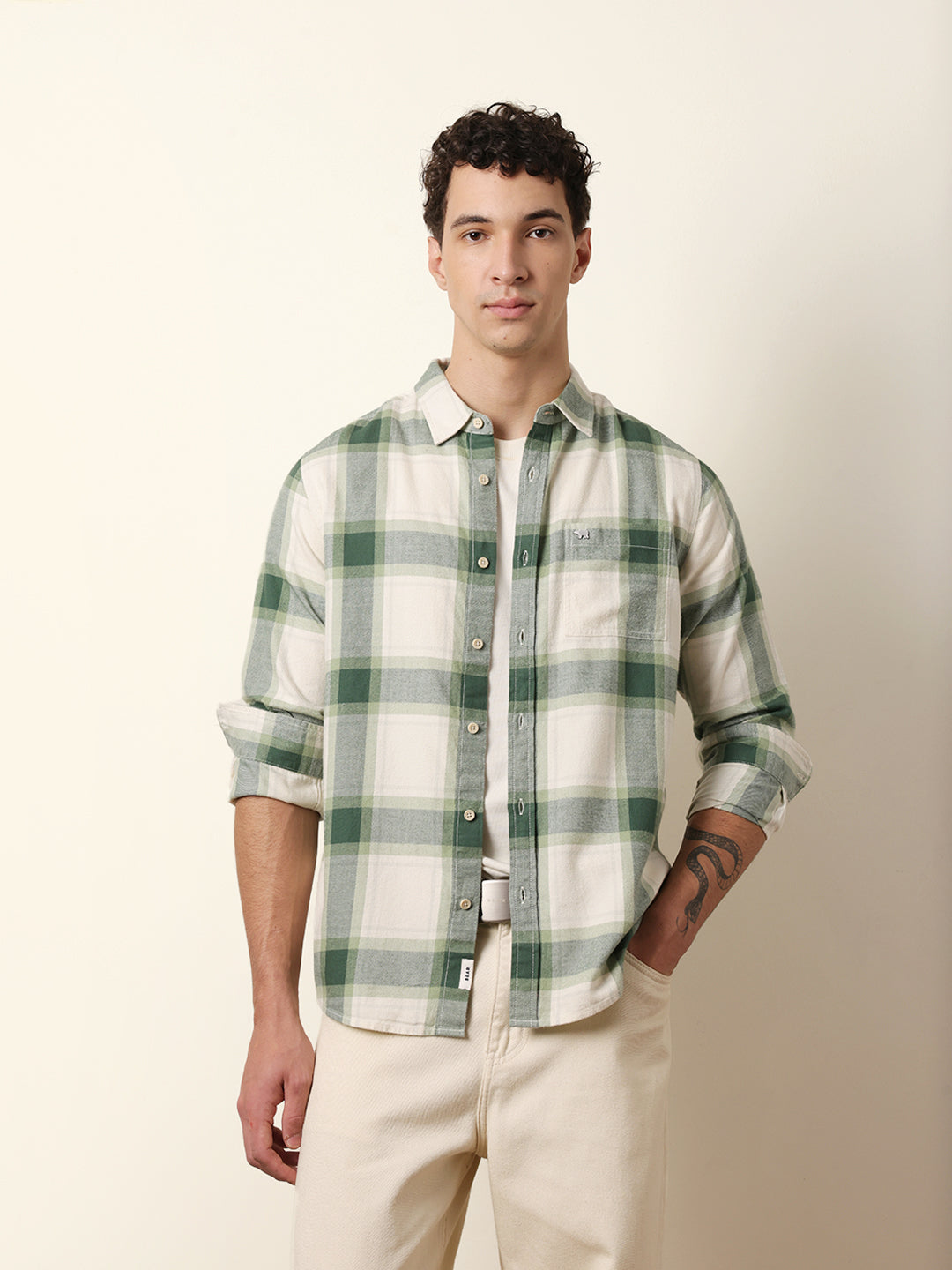 Green & Cream Checked Flannel Regular Fit Casual Shirt