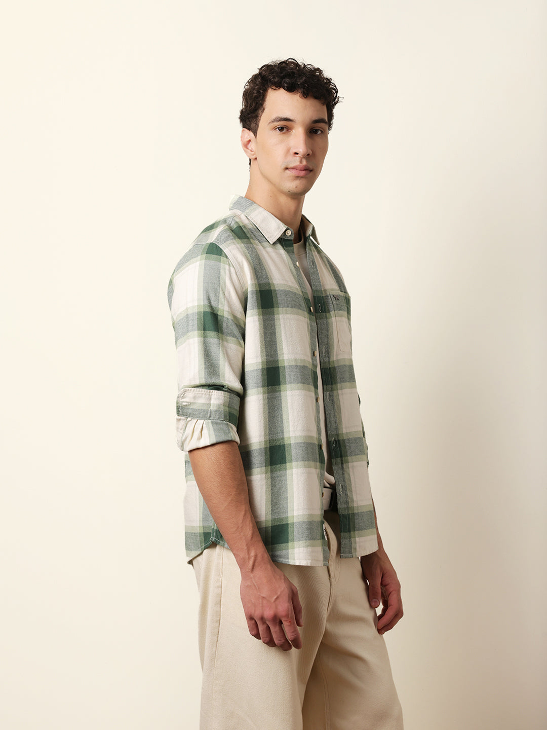 Green & Cream Checked Flannel Regular Fit Casual Shirt