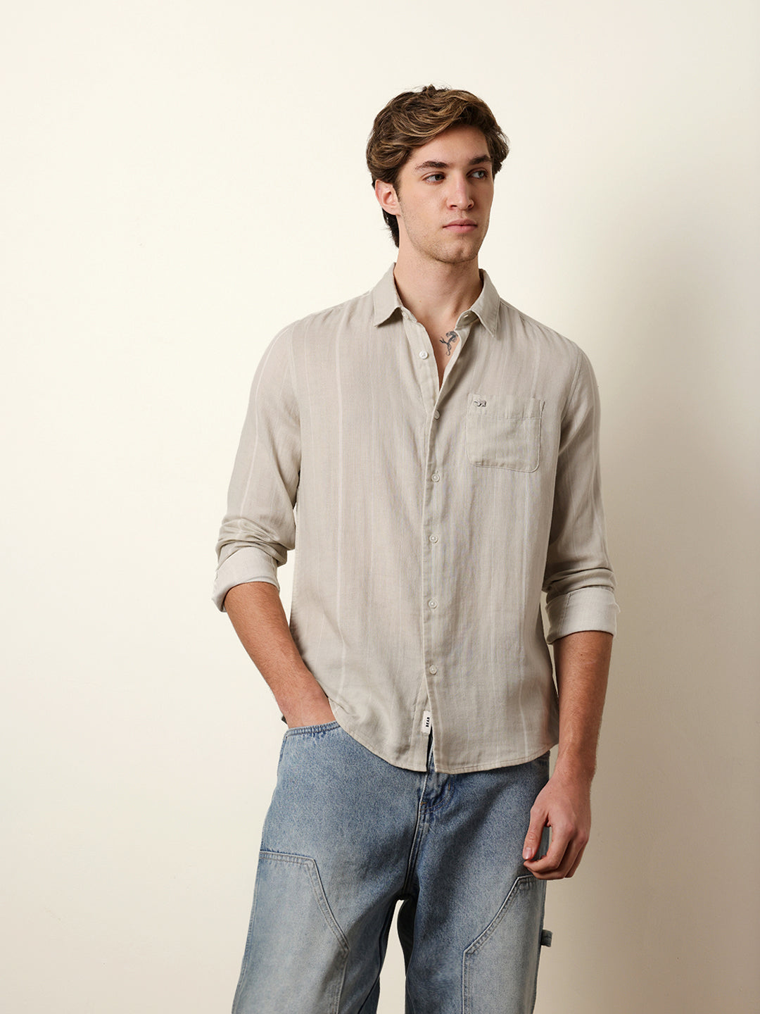 Light Green Vertical Woven Stripe Slim Fit Casual Shirt