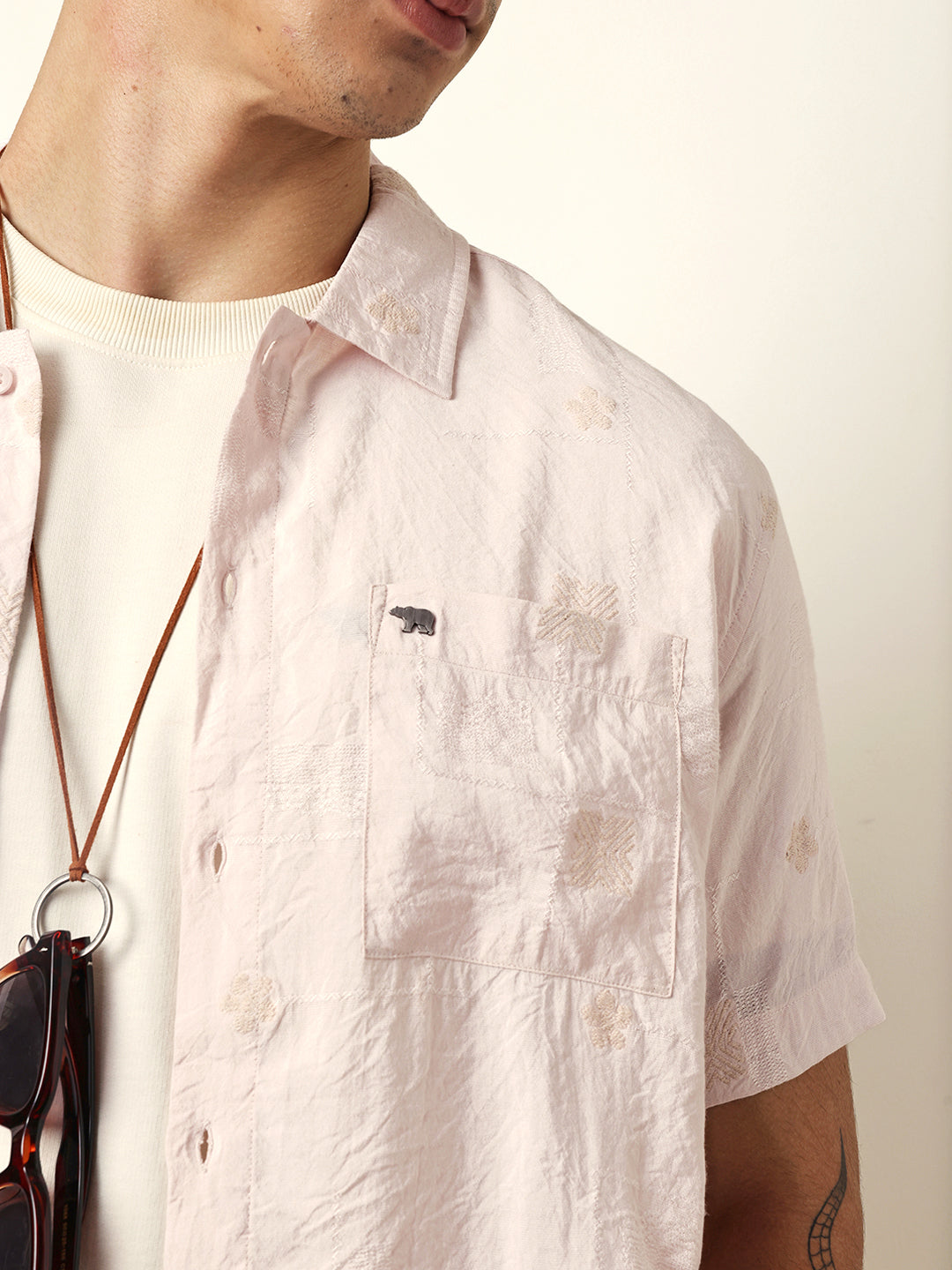 Light Pink Embroidered Motif Regular Fit Casual Shirt