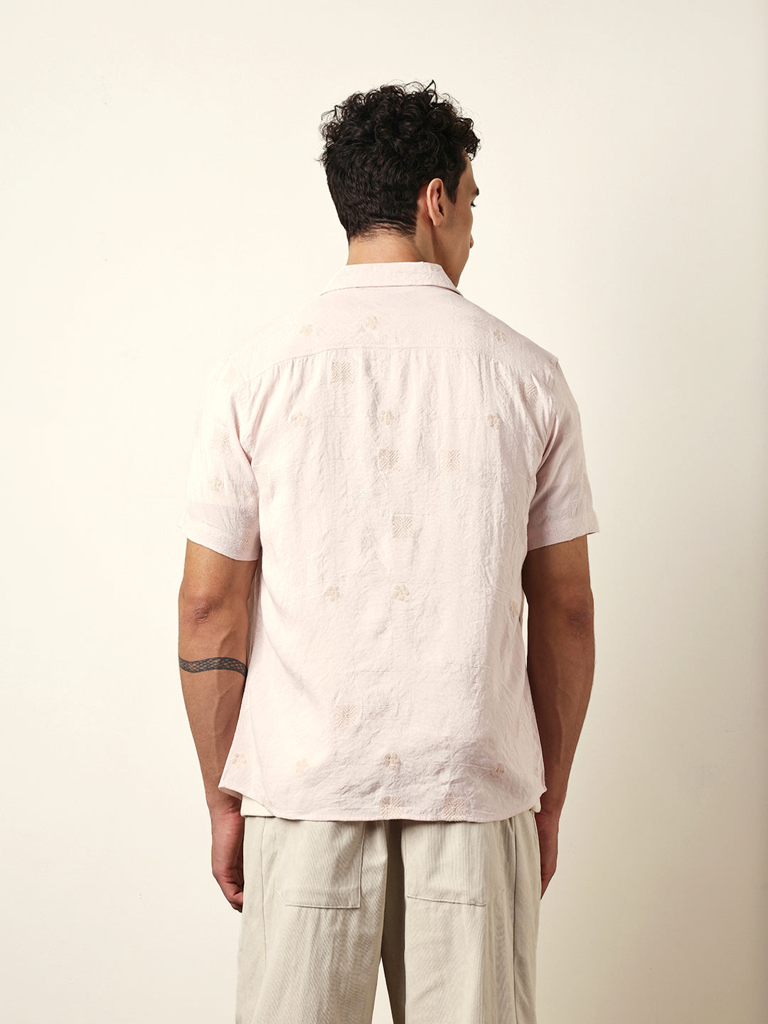 Light Pink Embroidered Motif Regular Fit Casual Shirt