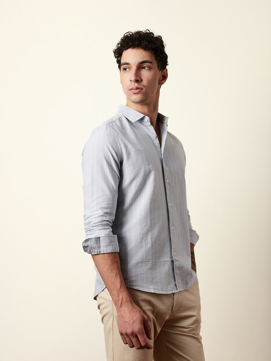 Light Grey Vertical Woven Stripe Slim Fit Casual Shirt