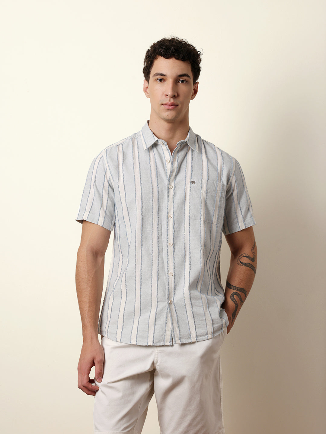 Blue & White Vertical Chenille Stripe Regular Fit Casual Shirt