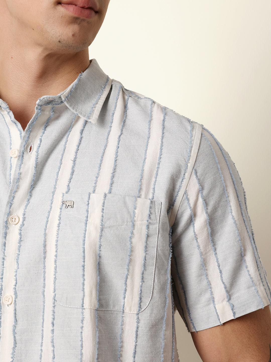 Blue & White Vertical Chenille Stripe Regular Fit Casual Shirt
