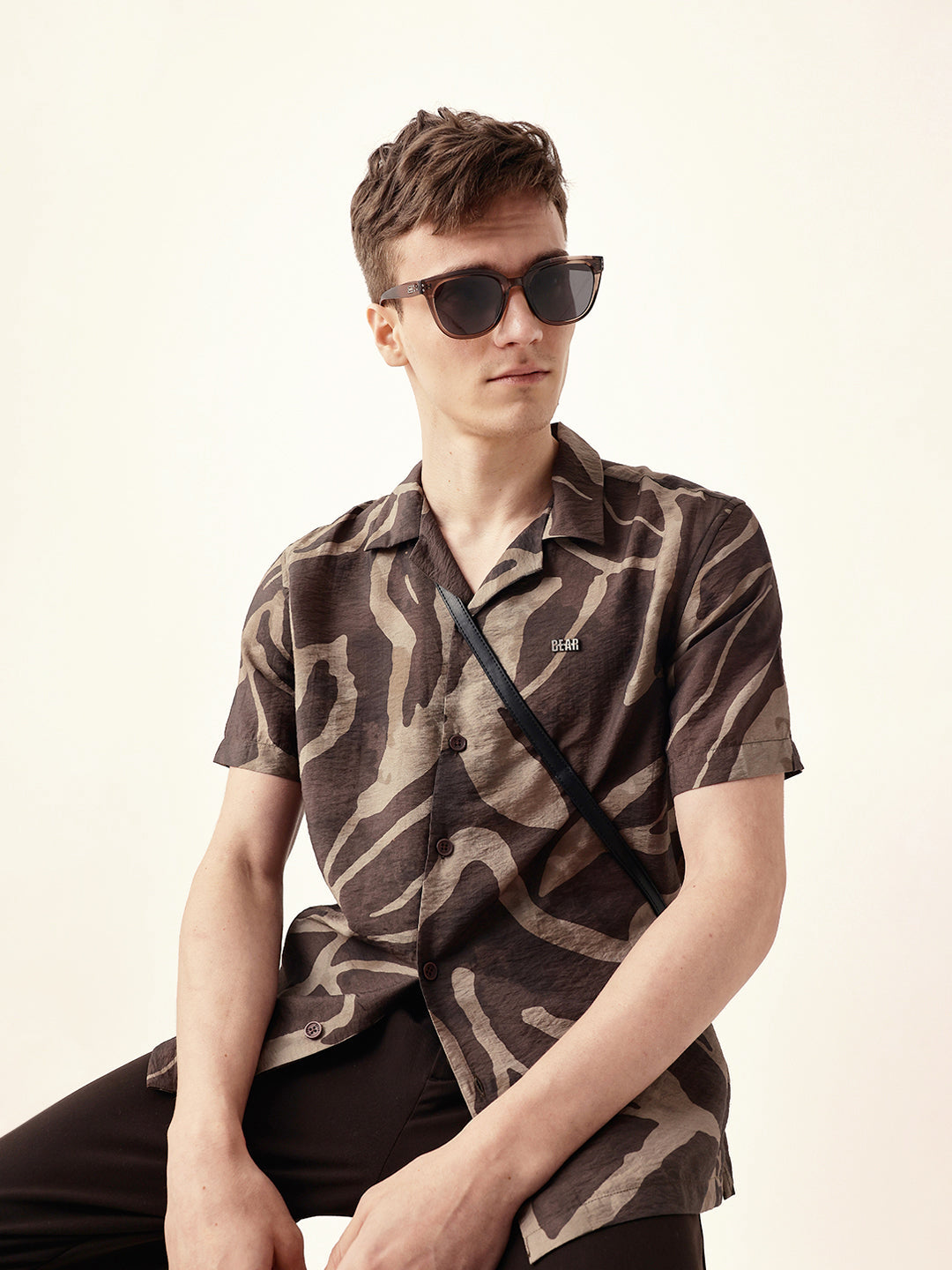 Brown with Beige Relaxed Fit Abstract Stroke Print Half Sleeve Casual Shirt
