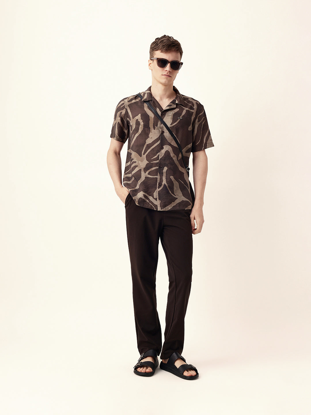 Brown with Beige Relaxed Fit Abstract Stroke Print Half Sleeve Casual Shirt